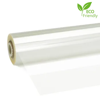 Geschenkfolie „Öko“, 120 m x 70 cm, PLA BIO-Film, transparent, 25 µm, inkl. 100 Aufkleber