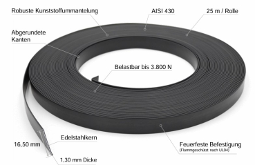 Kunststoffummanteltes Stahlspannband – Rolle 16,5 x 1,30 mm, 25 m, schwarz, AISI 430