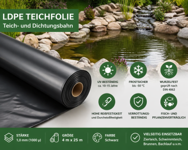 LDPE Teichfolie 4 m x 25 m – 1 mm starke, UV-beständige