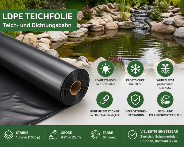 LDPE Teichfolie 4 m x 25 m – 1 mm starke, UV-beständige